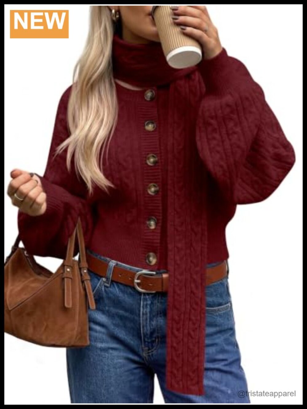 Women's Cable Knit Button Up Cropped Cardigan with Scarf